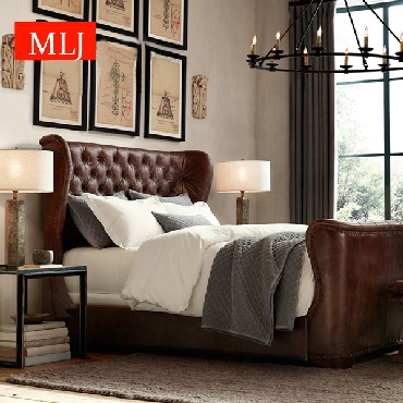 美式欧式双人皮艺双人床油蜡皮海盗船造型床软包床卧室家具定制