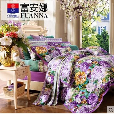 富安娜婚庆四件套全棉贡缎红色纯棉床单1.8床套件花舞盈歌